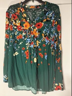 Market & Spruce Blouse 2X Green Floral Lace Yoke Boho Long Sleeve Top